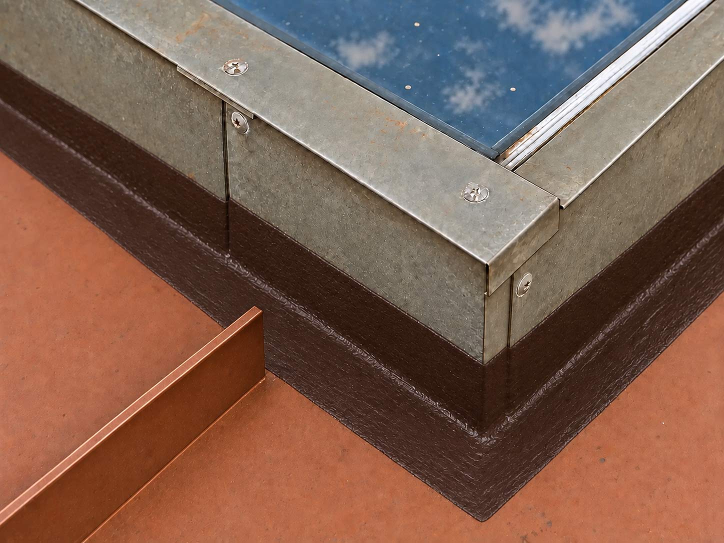 Proposed repair illustration: rib cut back and fleece-reinforced flashing around the skylight curb; not a completed customer repair