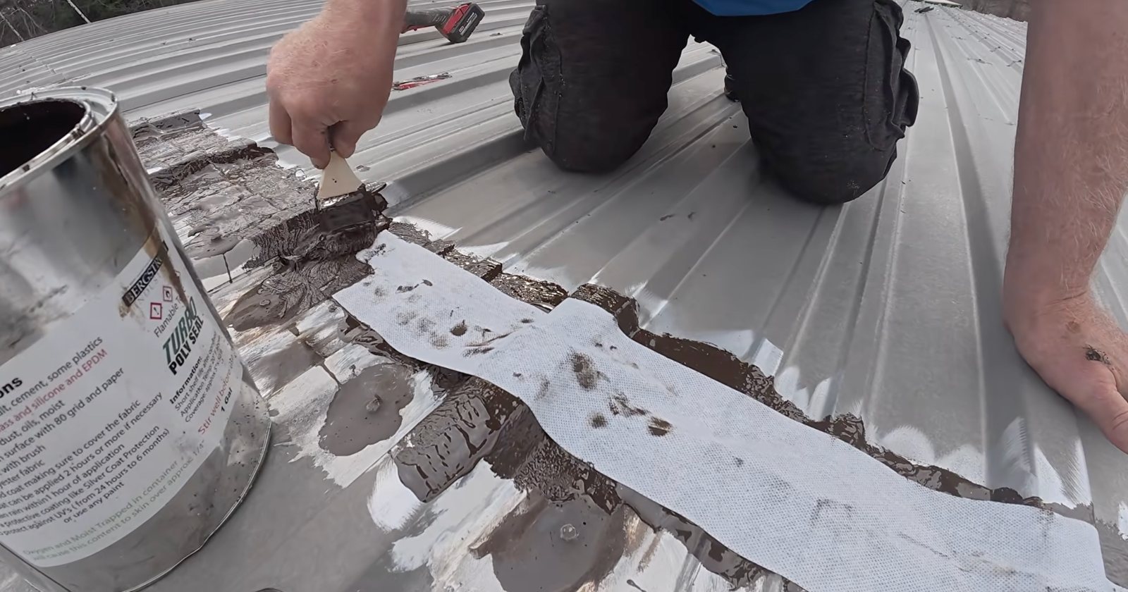 Metal roof seam repair with Turbo Poly Seal and polyester fleece — Covering the polyester fleece