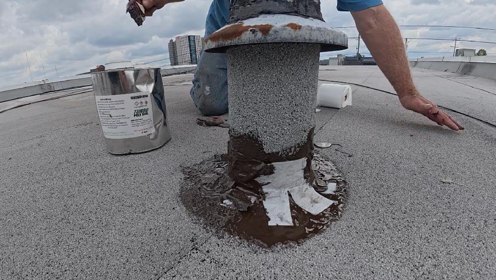 Use Turbo Poly Seal to repair flashing around a vent pipe on a rubber roof