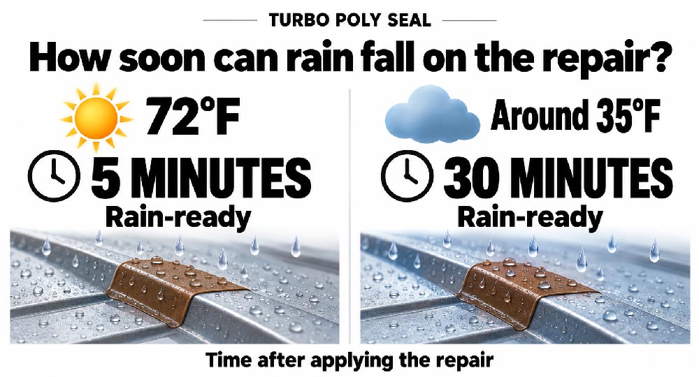 It can rain within 5 minutes at temperatures of 72 degrees F and within 30 minutes at temperatures of around 35 degrees F 